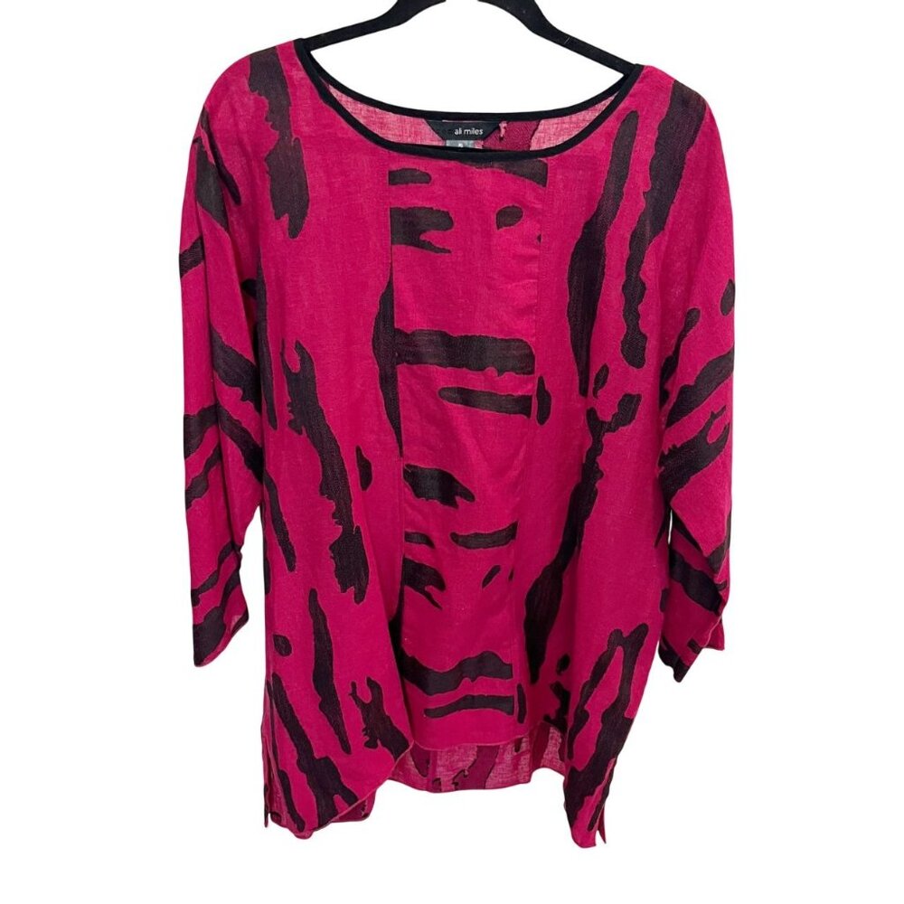 Ali Miles Pink &‎ Black Abstract Linen High Low Tunic Artsy Lagenlook - Size XL